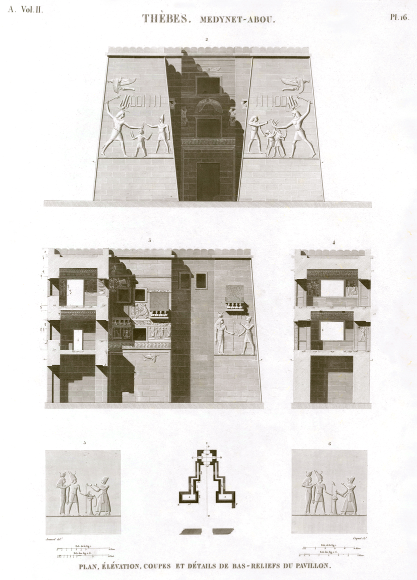Pl.16 - Plan, elevation, sections and details of bas-reliefs of the pavilion
