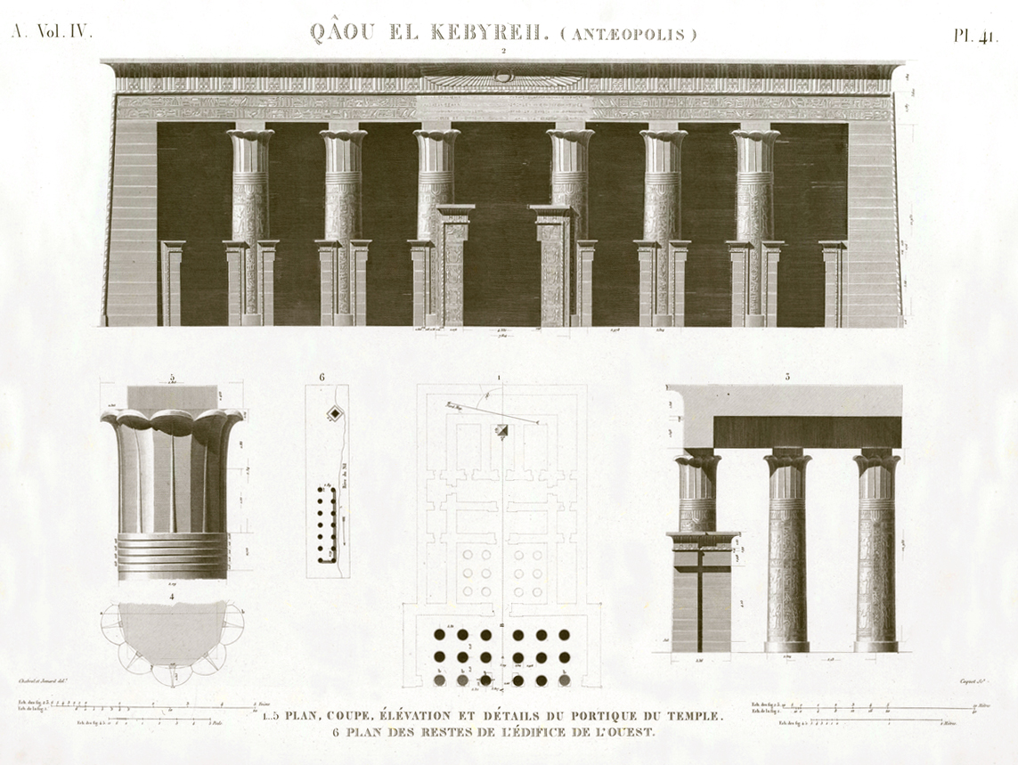 Pl. 41 - 1-5. Plan, section, elevation and details of the portico of the temple 6. Plan of the remains of the west building