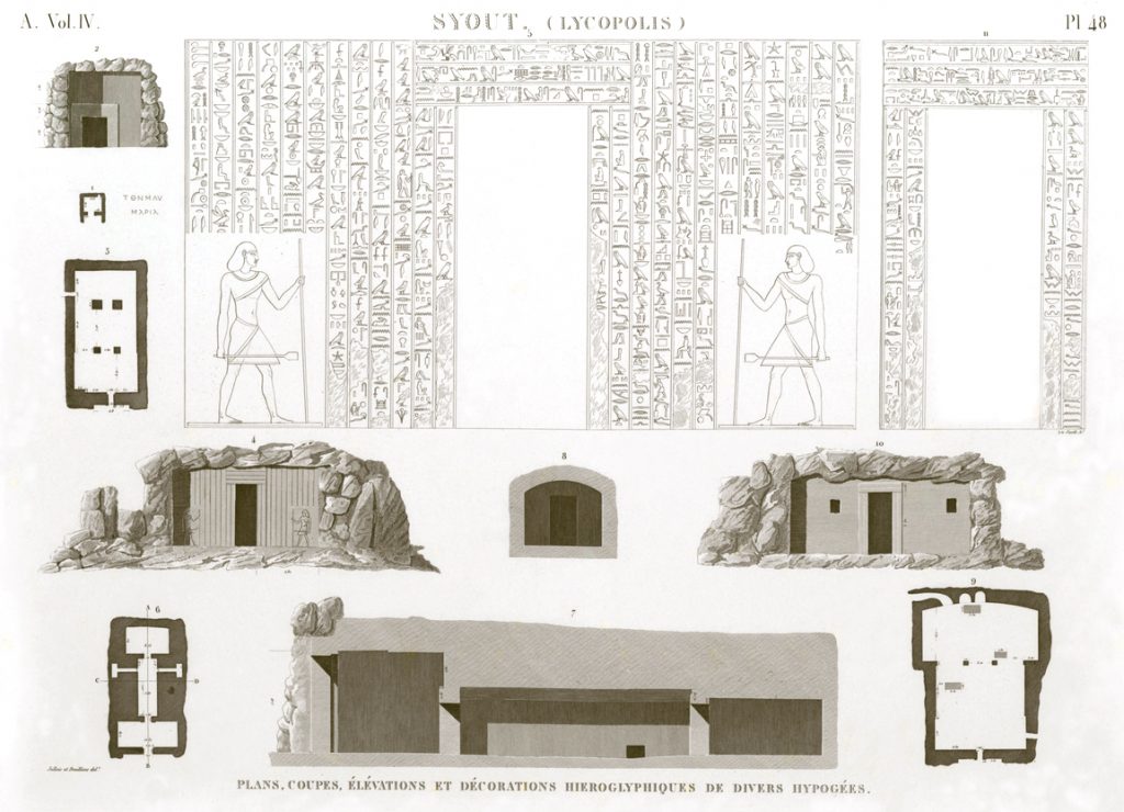 Pl.48 - Plans, sections, elevations and hieroglyphic decorations of various hypogeums