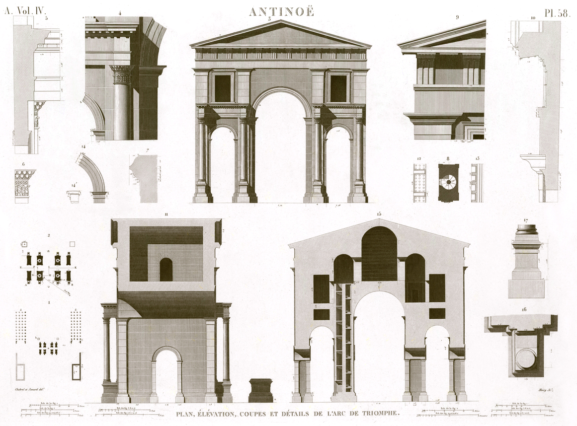 Pl58 - Plan, elevation, sections and details of the triumphal arch.