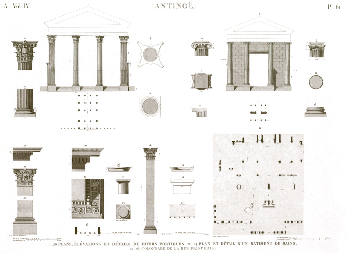 Pl. 61 - 1-20. Plans, elevations and details of various gantries
21-24. Plan and detail of a bath building
25-28. Colonnade on the main street