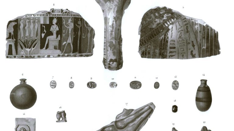 Pl. 89 - 1.3-5. Painted canvases 2. Wooden mask 6.14.28. Terracotta objects 7-13.16.18-27.29. Various figures and amulets in the shape of beetles 15. Fragment of bas-relief; 17. Stone ox head
