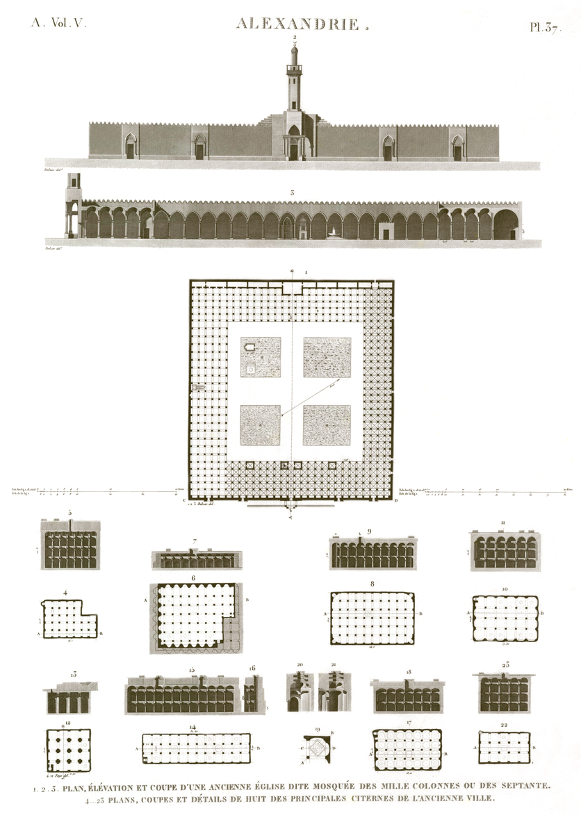 Pl. 37 - 1-3. Plan, elevation and section of an old church called Mosque of a Thousand Columns or of Septuagint
4-23. Plans, sections and details of eight of the main cisterns in the ancient city