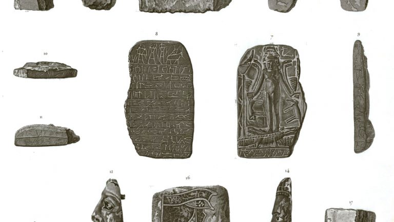 Pl. 70 - 1-6. Basalt group brought from the oases 7-11. soapstone 12-15. Wooden masks 16-18. Mummy envelopes