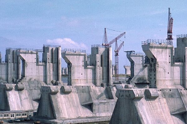 Pillars of the Oosterscheldekering under construction, Delta Works, Netherlands
