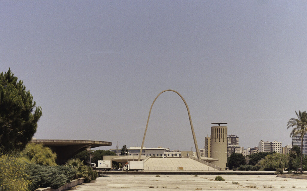 The heliport, the fair’s amphitheatre, the arch and the water tower, Tripoli International Fair