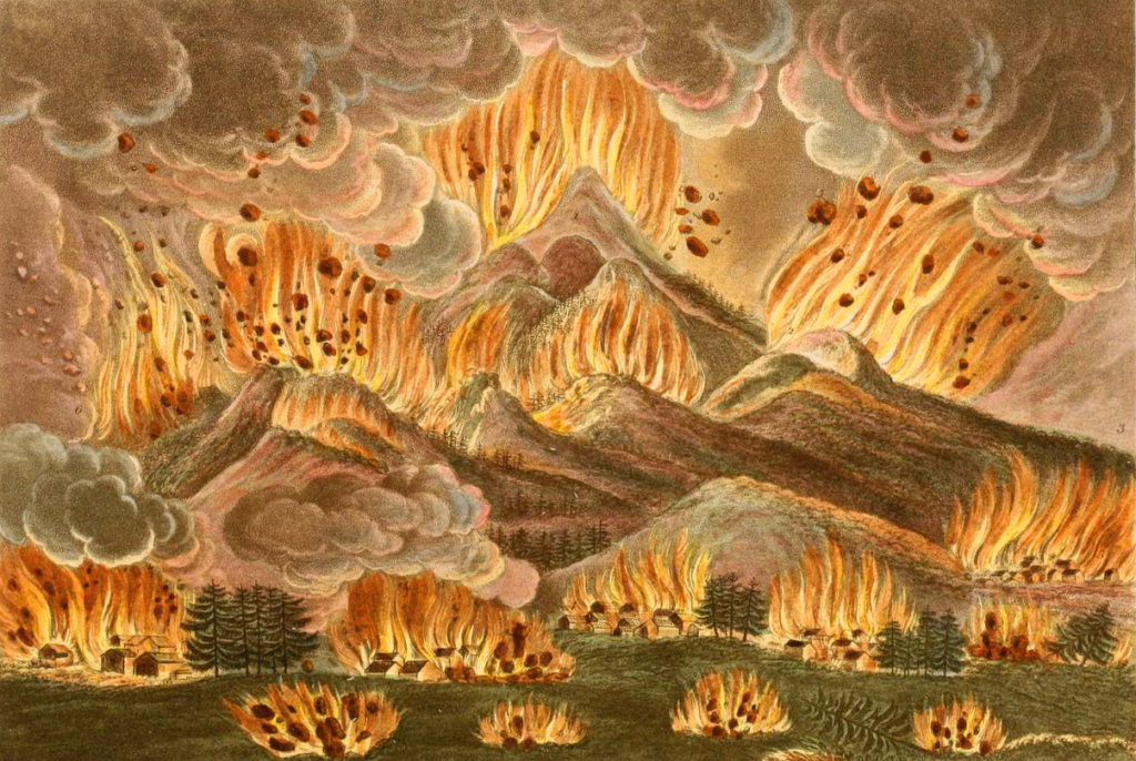 The earthquake and eruption of Asamayama, August 1783, engraved by Joseph Constantine Stadler - Illustrations of Japan